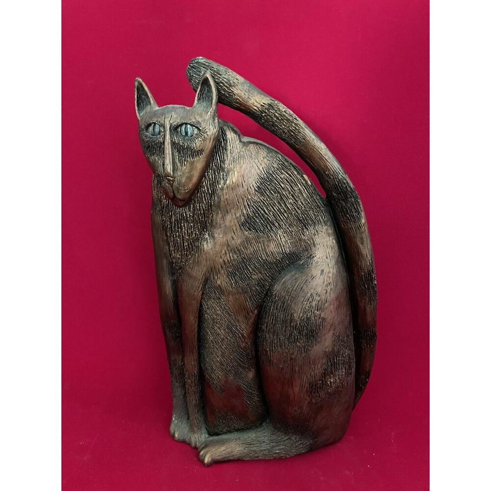 Marsha McCarthy Cat Figurine Signed Metallic Resin Blue~Green Eyes